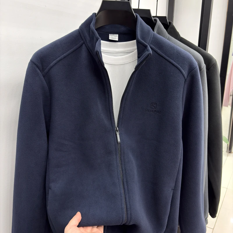 High End Fleece Jacket for Men's Autumn and Winter Casual Stand Up Collar Zipper Cardigan Sweatshirt Fleece Jacket