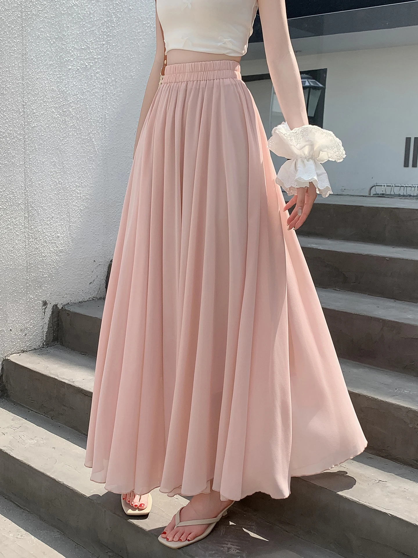 

Pink Chiffon Skirt Women's Spring Summer A-Line Sweet Fairy Skirt High Waist Cover Hip Large Flounce Umbrella Skirt Draped Style