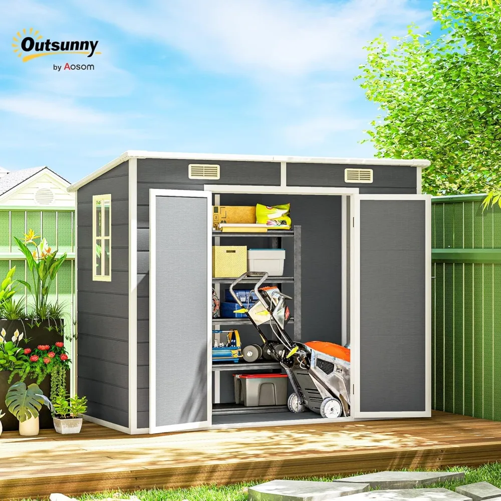 

8' x 4' Outdoor Storage Shed, Plastic Shed with Vent, Window and Double Lockable Doors, Utility Resin Shed for Patio.