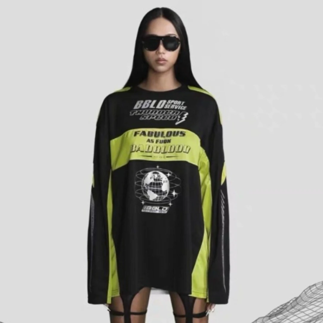 

Badblood Long Sleeved T Shirt Mesh Jersey American Retro Embroidery Round Neck Loose Sports Men and Women Couple Models Ins