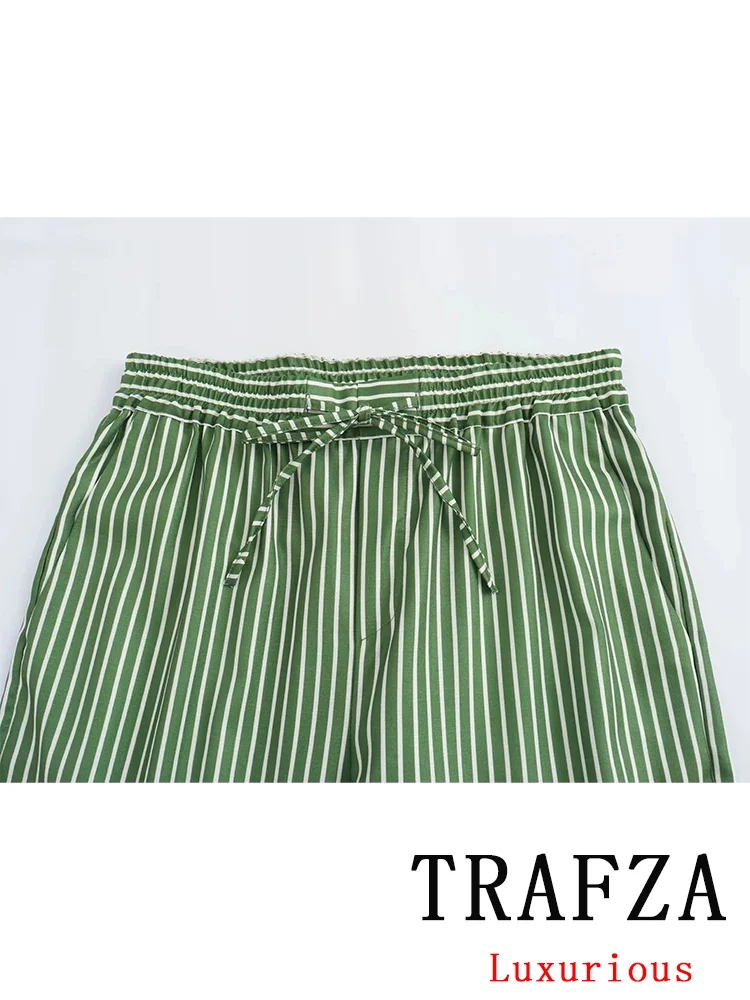 TRAFZA Vintage Casual Striped Women Suit Single Breasted Half Sleeve Shirt Loose Long Pants Chic Fashion 2024 Summer Basics Sets