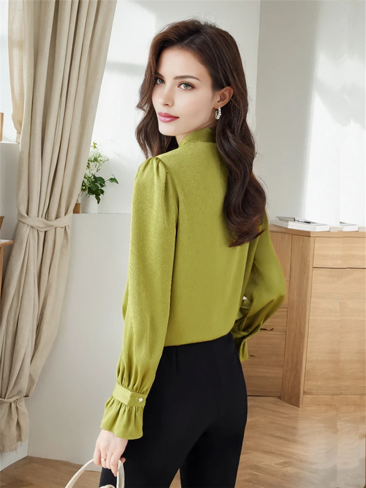 Women\'s Long Flared Sleeves Loose Shirt Elegant and Chic Ribbon Green White Fashion Luxury Blouses High Quality New 2024