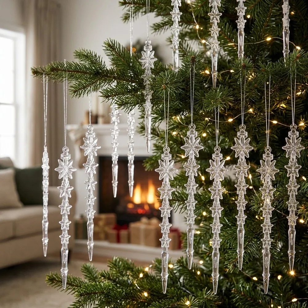 Snowflake Icicle Hanging Ornaments 48Pcs Clear Decor for Christmas Tree Window Mantel Party New Year Decoration