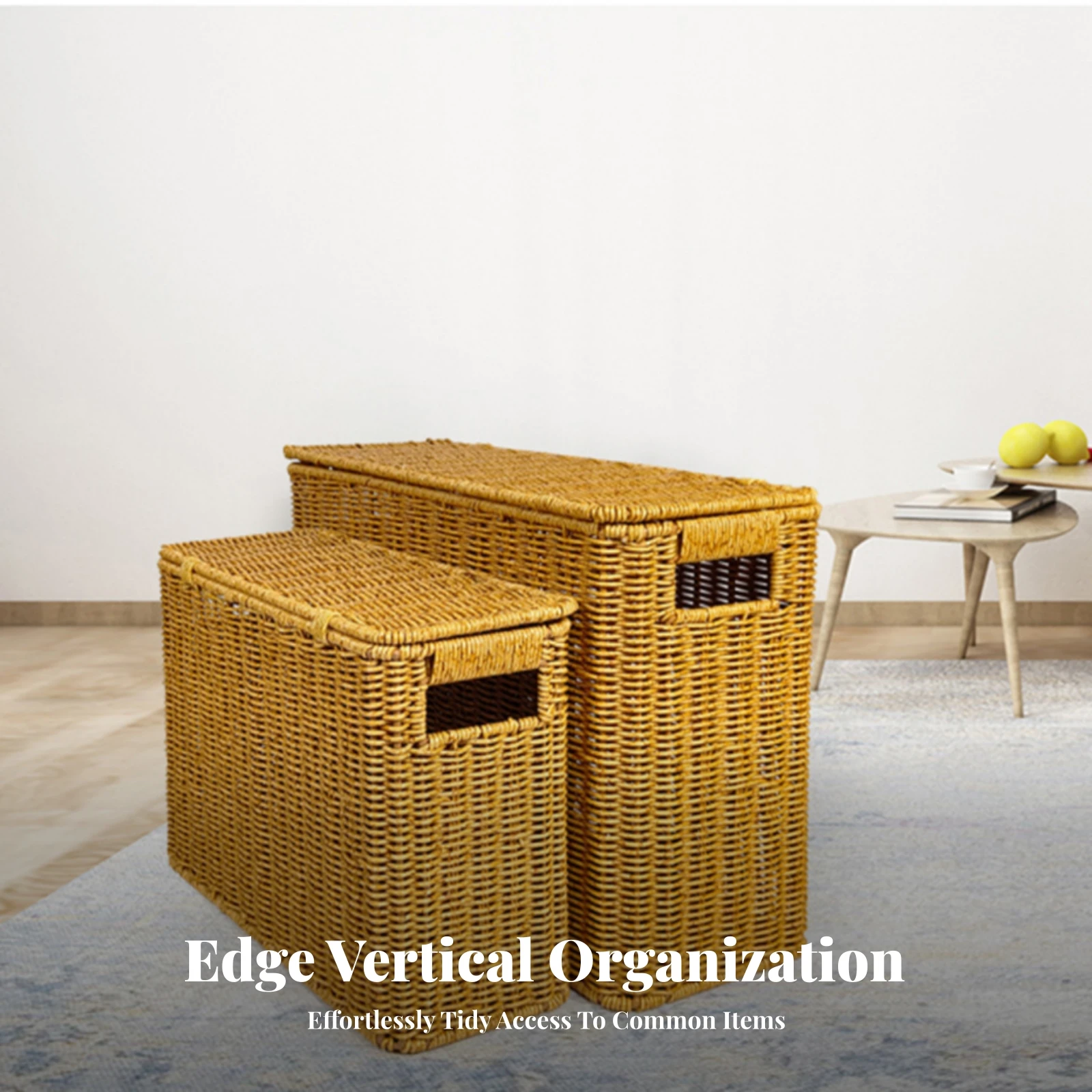Woven Storage Box with Lid Rectangular Rattan Storage Trunk Woven Hamper with Handles Space-Saving for Bedroom, Living Room