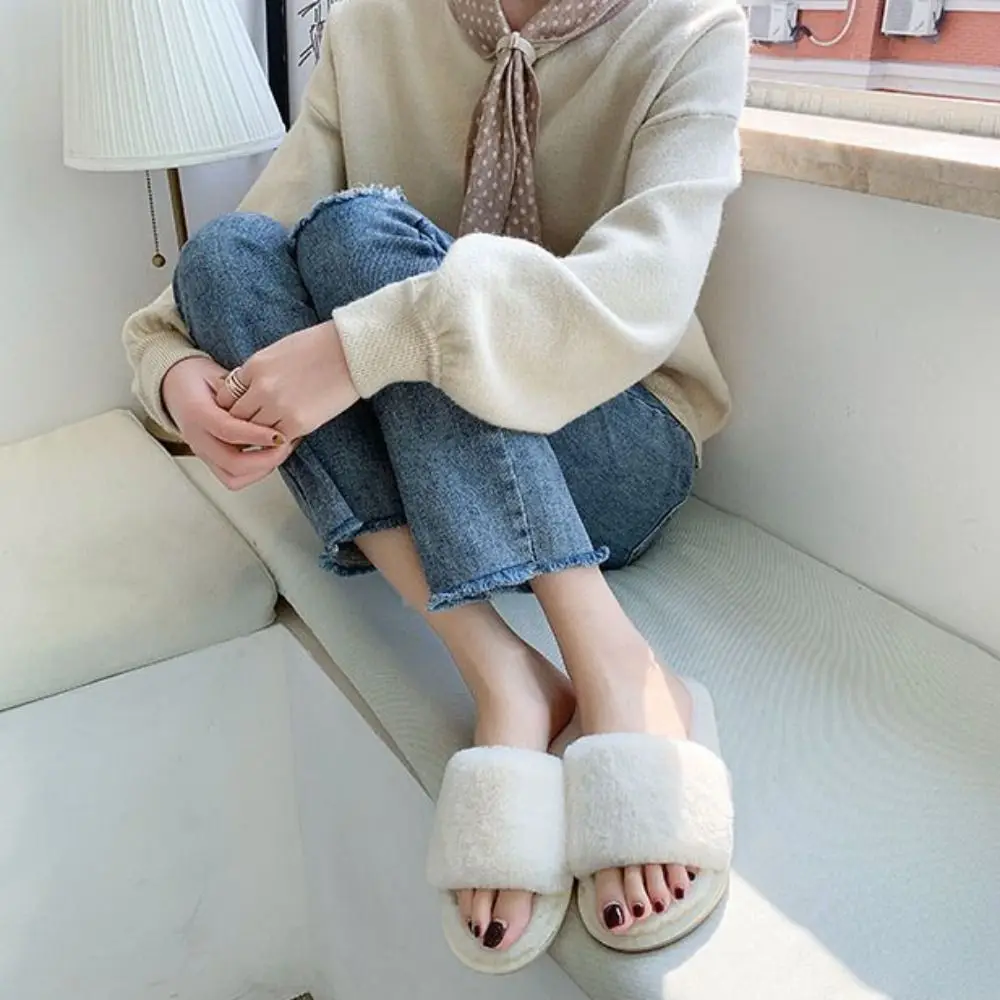 موضة المضادة للانزلاق الشتاء نعال قماش الطابق أحذية Homewear نعال تدفئة النساء فروي موضة فو نِعال من الفراء في الهواء الطلق #4