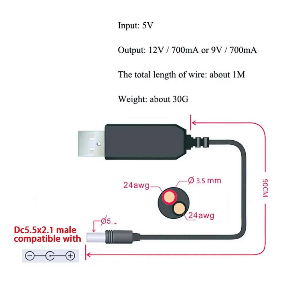 5.5×2.1mm USB to DC Power Cable with 5V-12V Step-Up Boost Converter for WiFi Router/Modem/Fan & Power Banks
