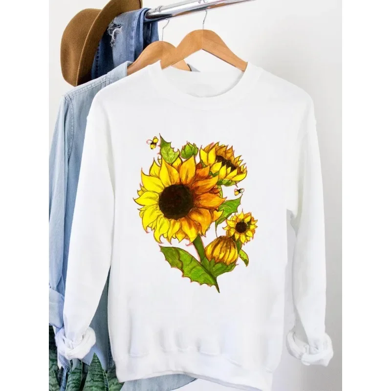 Women's Slim-fit Hoodie Fashion Sunflower Print White Flower Hoodie Sweatshirts  Sweatshirt  Streetwear Women