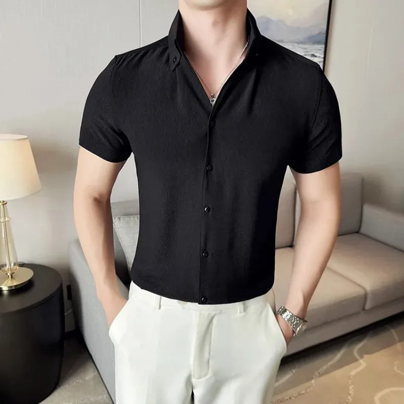 2024 Summer Men's Classics Solid Color Shirt Short Sleeve Slim Fit Casual Business Shirts Social Office Top Streetwear Clothing