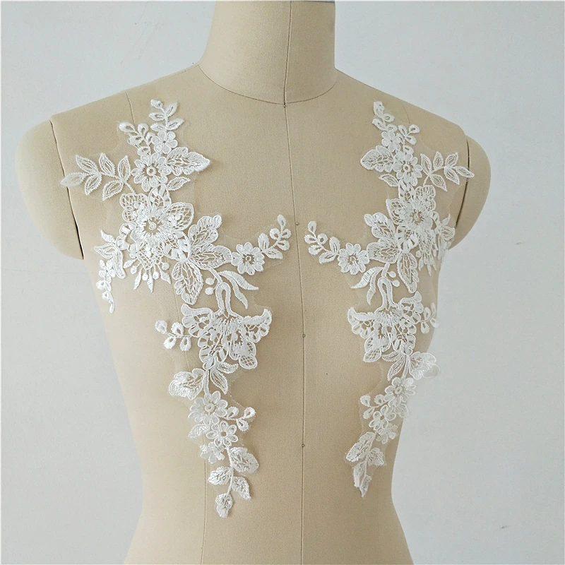 Lace Fabric Embroidered Wedding Gown Appliques, Baroque Trims, Collar Mesh Sew On Patches for Dress, DIY Decoration, Off White