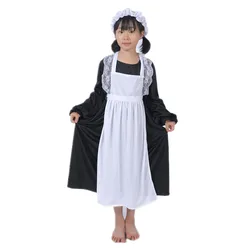 Child's Forum Victorian Girl Dress Coffee Maid Costume Colonial Girl Costume Dress black/White With Apron Hat