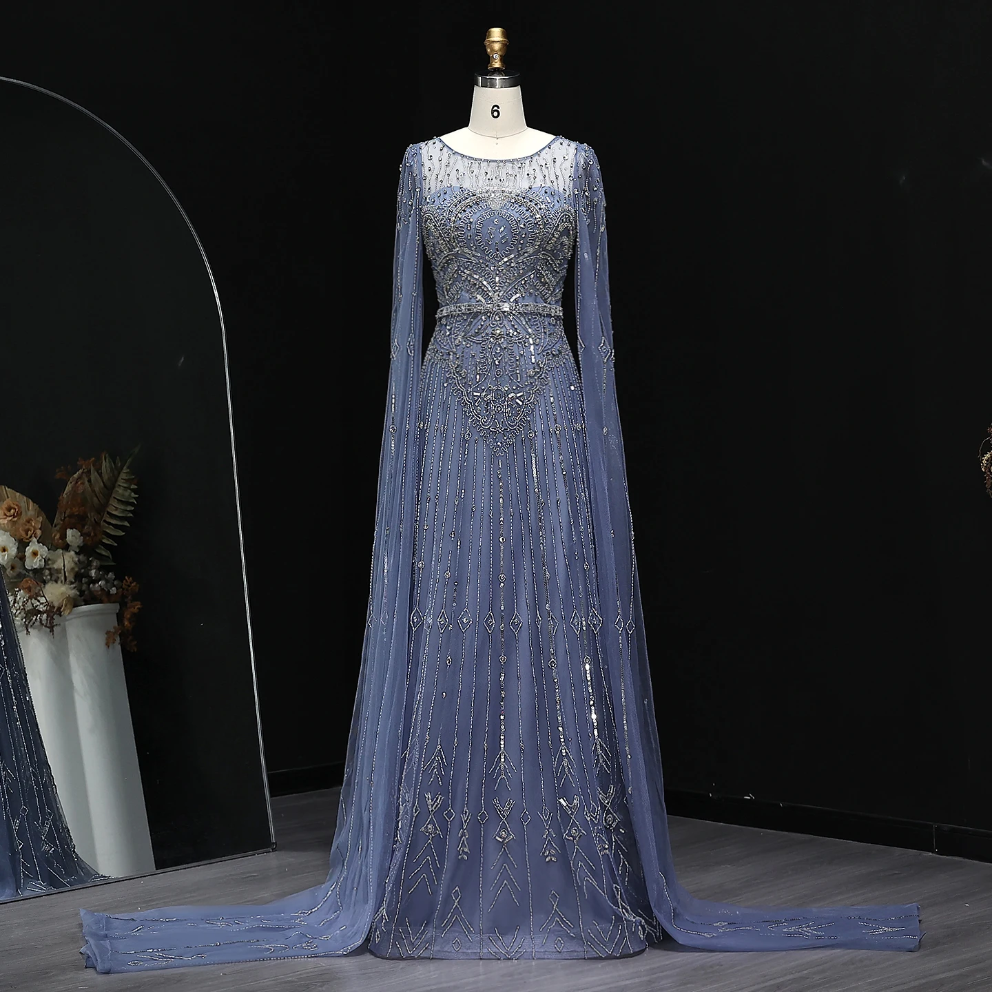 

Sharon Said Arabic Luxury Blue Evening Dresses with Cape Sleeves Crystal for Women Wedding Party Prom Gown 2025 SS069 Customized