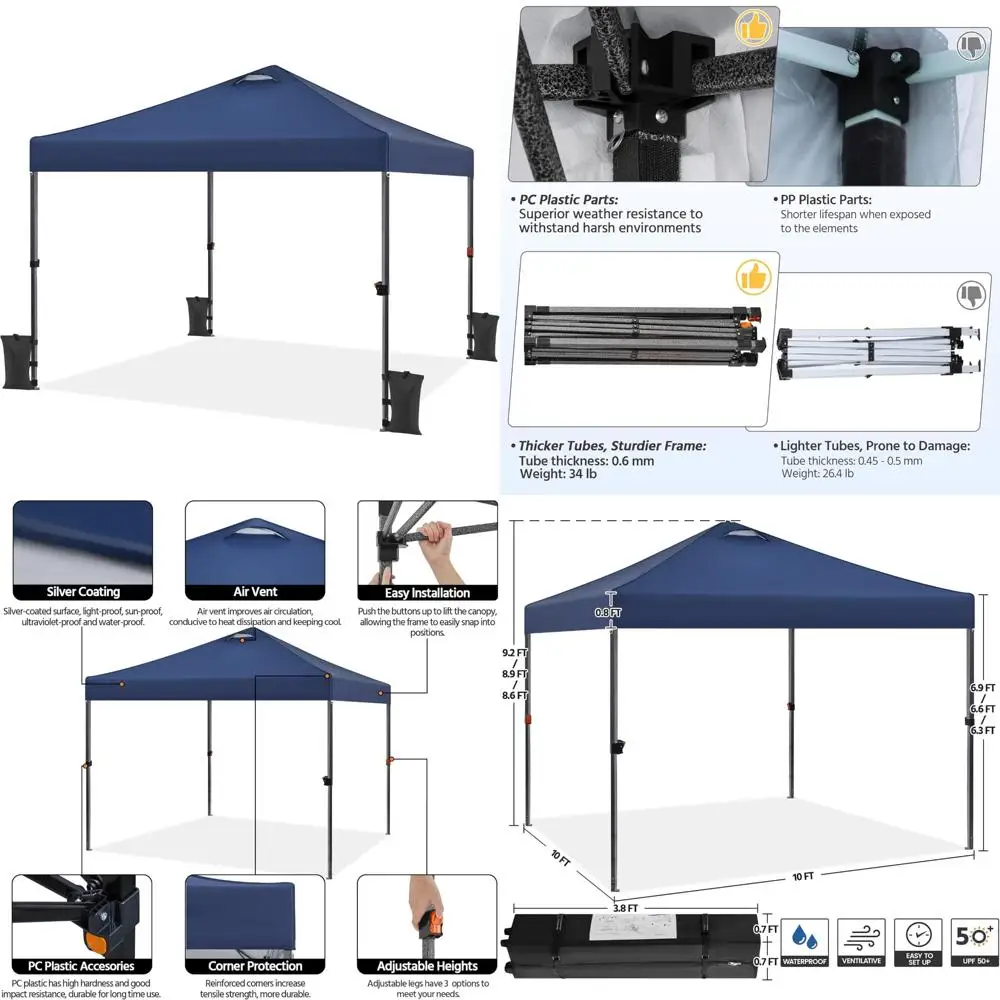 

Палатка с навесом быстрого приготовления на открытом воздухе 10x10, ткань с серебряным покрытием коммерческого класса 150D, сумка на колесиках в комплекте, 4 мешка с песком, 8 кольев, Durab