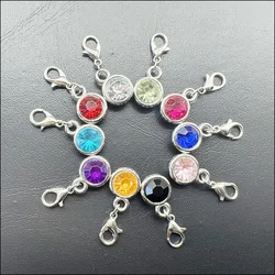 20 New Fashion Dull Silver Plated Round Charms With Lobster Claw Clasps Mixed Crystal 11x15mm
