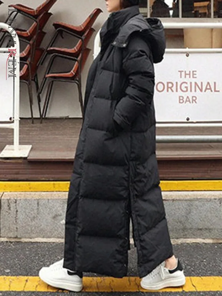 

LANMREM Winter Fashion Cotton Long Coat Women Hooded Warm Black Loose Fit Clothing Office Lady 2024 Female New 2VV212