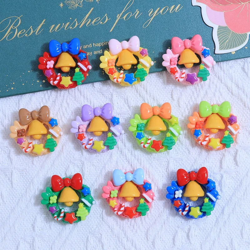 Big Wreath Resin Flatback Cabochon DIY New Year Scrapbooking Accessories Colorful Beautiful Flower Garland with Bell Charm