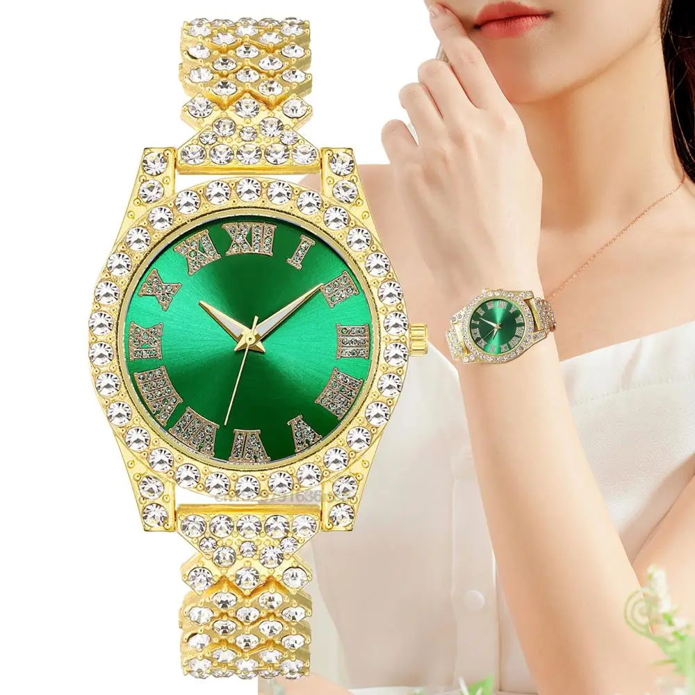 

Fashion 2022 Crystal Diamonds Green Rome Design Women's Quartz Watch Casual Stainless Steel Rhinestone Strap Watches Gifts Clock