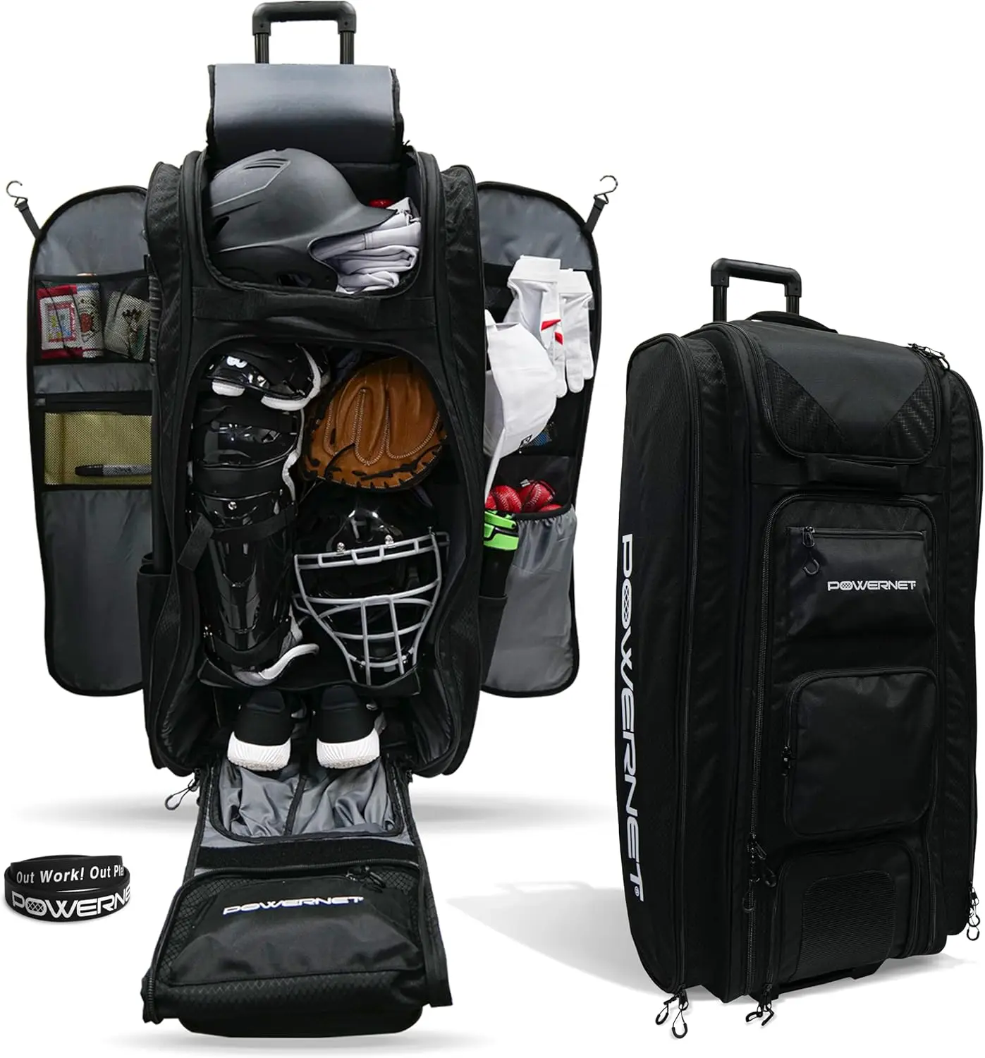 

Optimus Catcher's Bag, Rolling Equipment Bag Holds All Baseball Softball Gear, 7 Internal Bat Sleeves, 5Heavy Duty Hanging Hooks