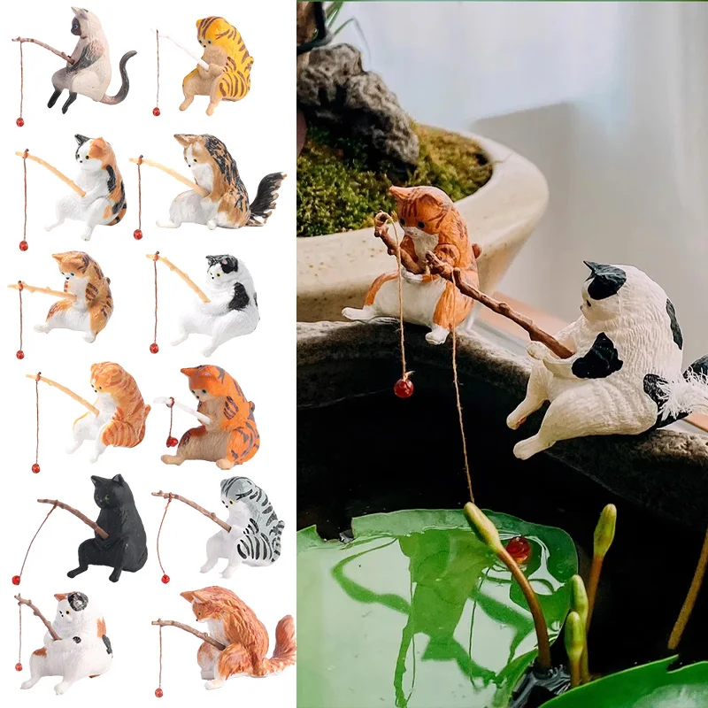 3/2/1PCS Cats Fishing Figurine Cat Sculpture Sitting Fishing Little Cute Cat Resin Ornament Decorative Furnishings For Aquarium