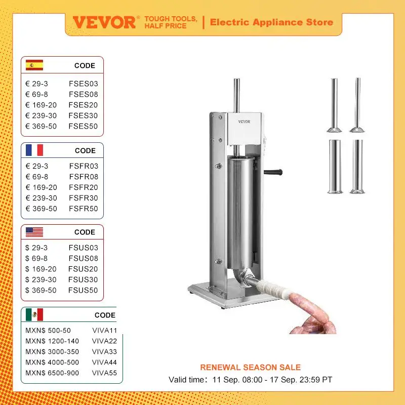 VEVOR 3 5 7 L manueller Wurstfüller aus Edelstahl zur Herstellung von vertikalen Wurstbereitern mit 5 Fülltrechern für Heimwerker