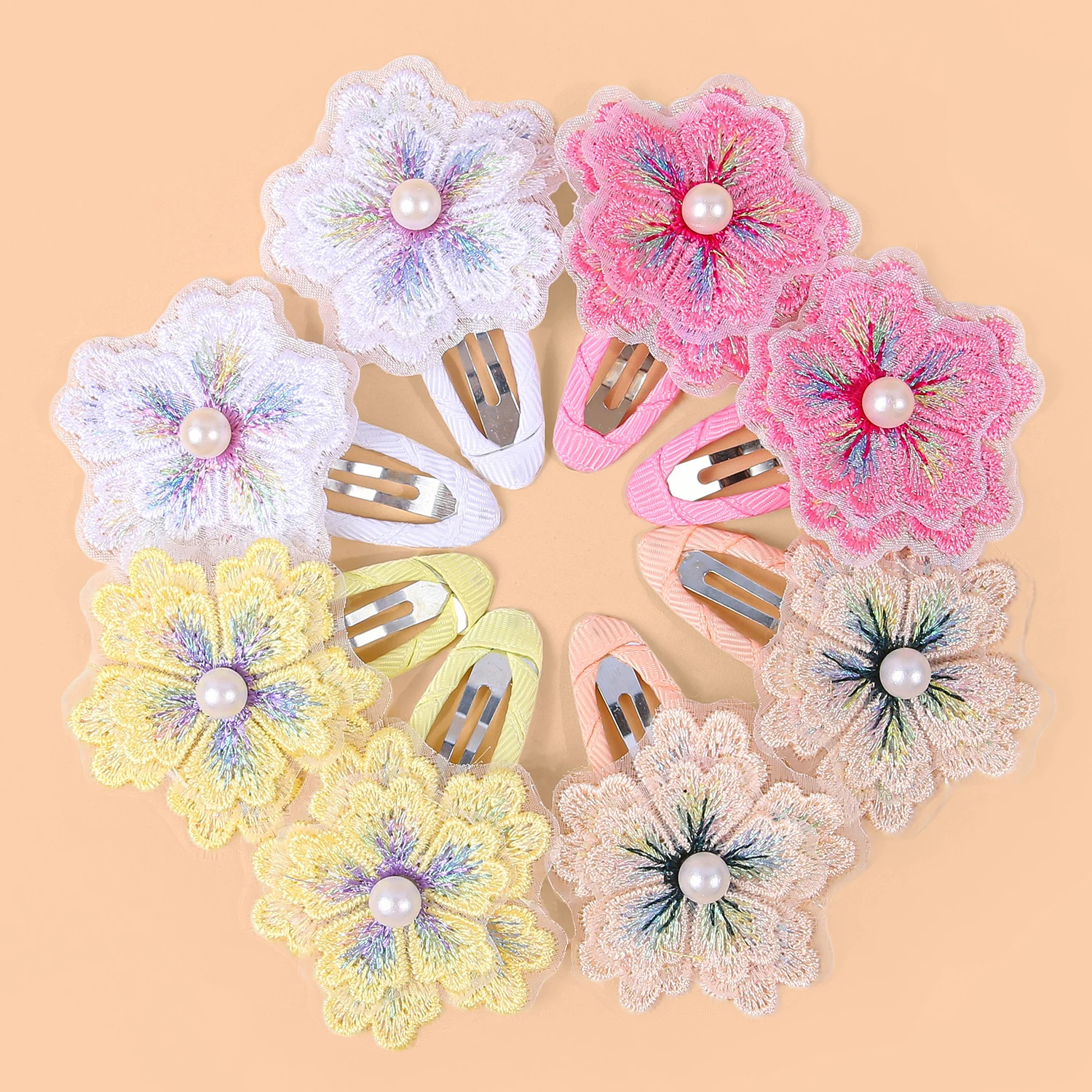 8/16 pçs pérola chiffon bordado floco de neve grampos de cabelo para meninas tecido borda bb clipes para crianças decoração diária acessórios para o cabelo