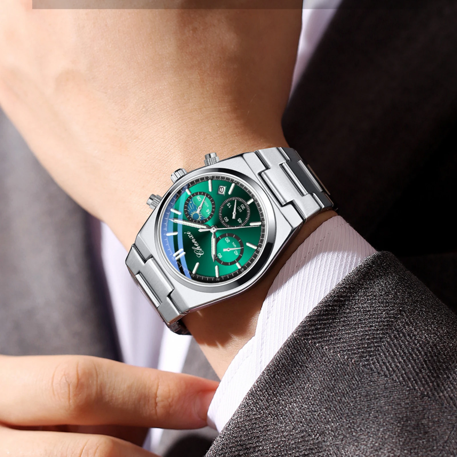 CHENXI 983 Multi Functional Calendar Moon Phase Timing Night Light Waterproof Steel Strip Watches for Men Relojes Para Hombres