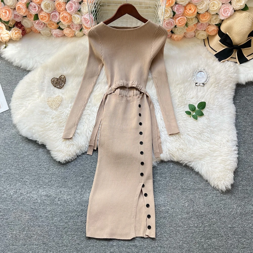 YuooMuoo – robe une pièce Chic, mode, ventre nu, boutons Y2K, Sexy, paquet de hanches, tricotée, robe de soirée pour dames, automne 2025