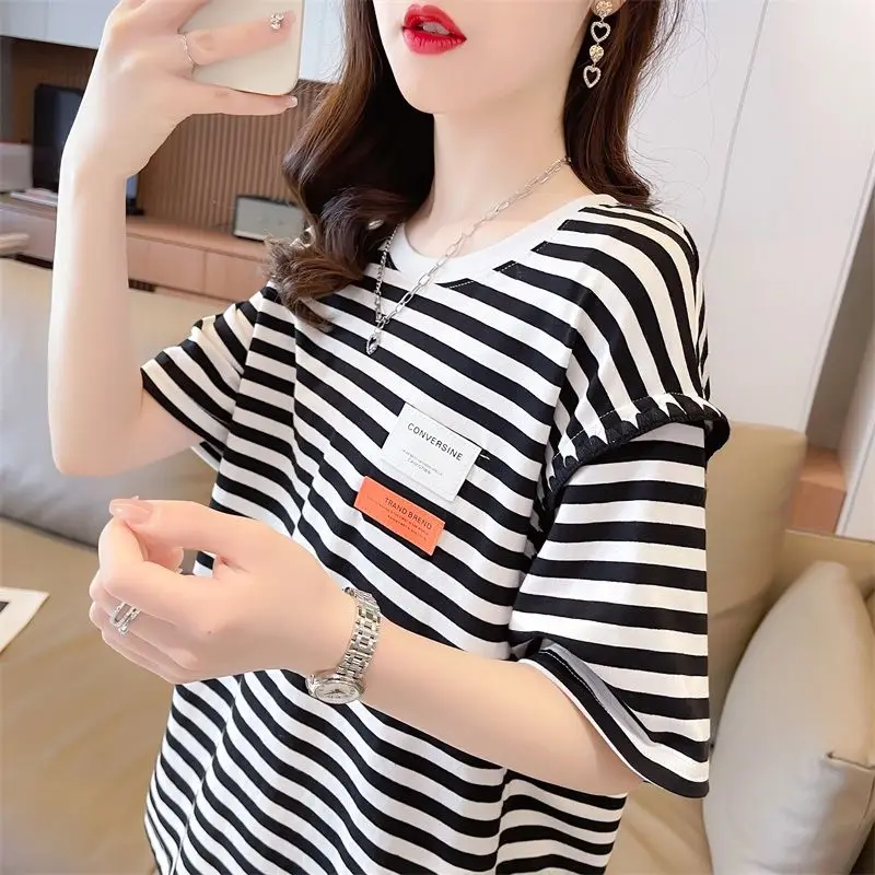 

DAYIFUN Korean Striped Short Sleeve T-shirts for Women 2023 Summer Patchwork Design O-neck Tshirts Lady Loose Versatile Top Tees