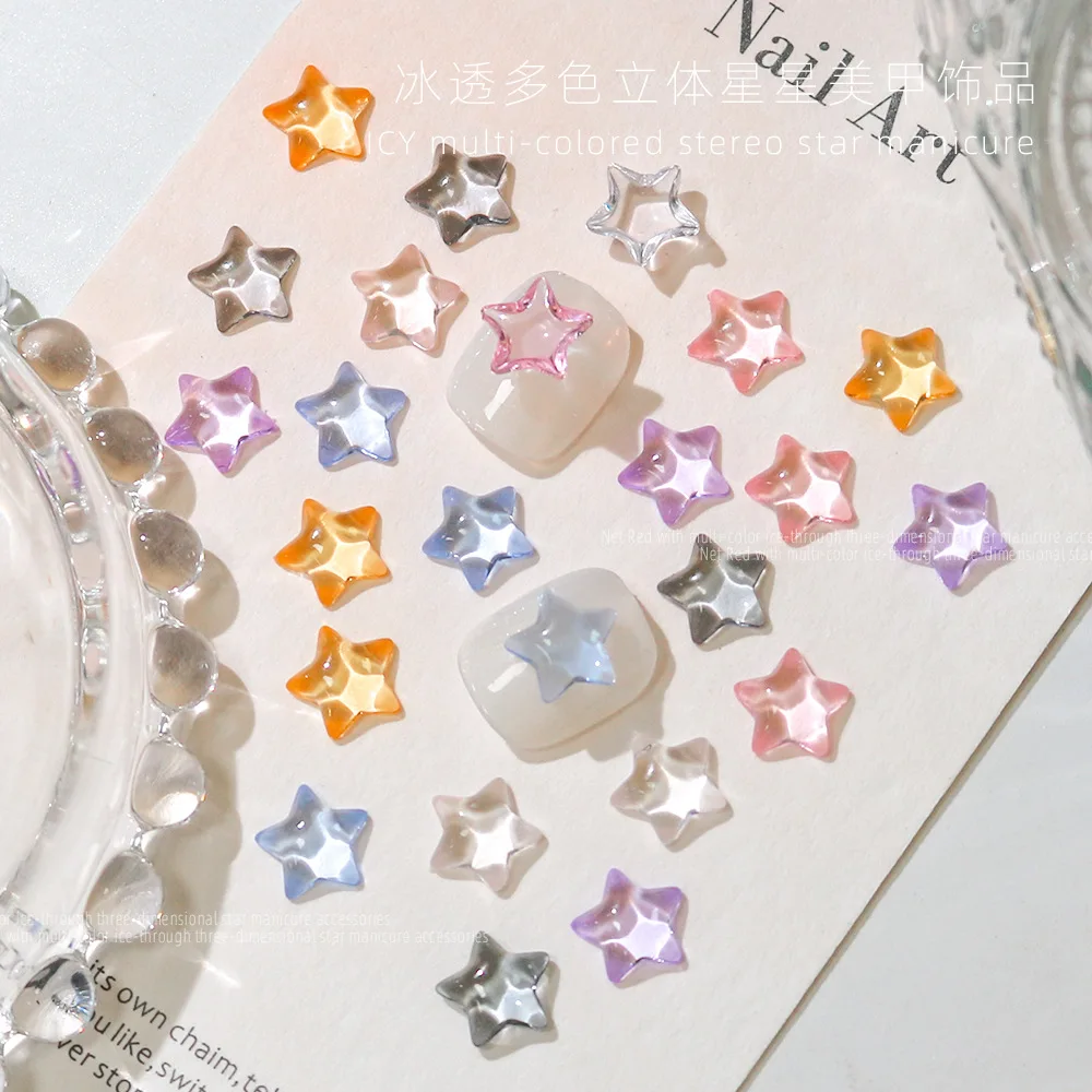 100Pcs Ice Transparent Star Nail Charms - 3D Kawaii Colorful Resin Pentagram Nail Parts Loose Beads for Jewelry DIY Craft Making