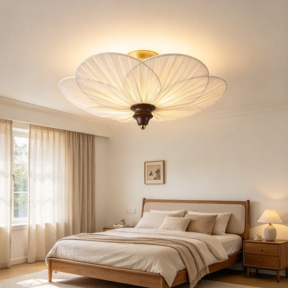 Vintage with Wooden ball Flush Mount Ceiling Light 3-Light White Fabric Petal Shape Ceiling Lamp Bedroom Living Room Hallway