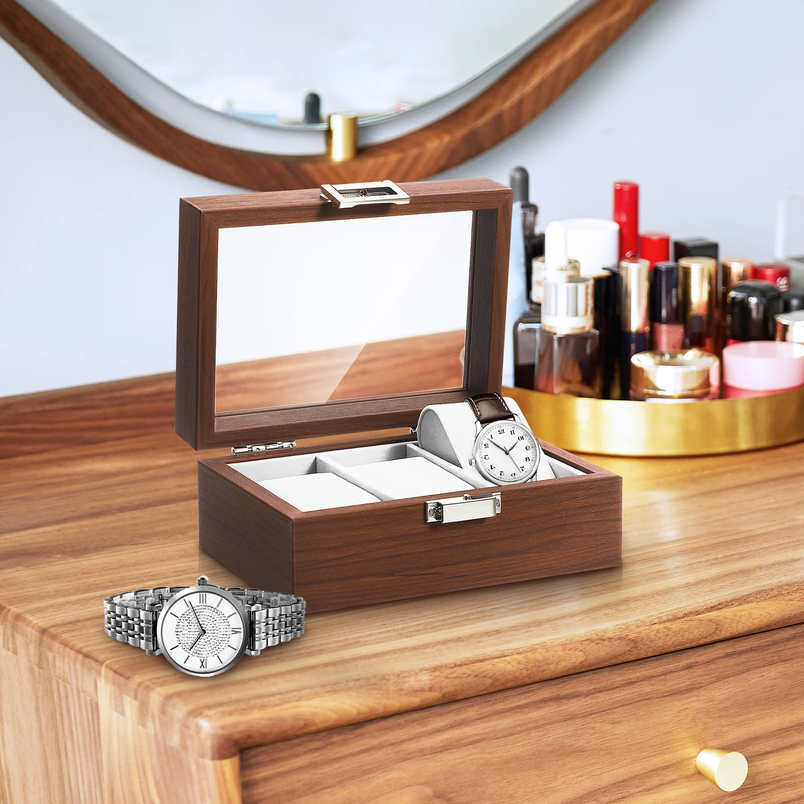 

3 Slot Display Case For Men Wooden Holder Organizer With Lining Walnut Jewelry Case Watch Storage Box Decorative Watch