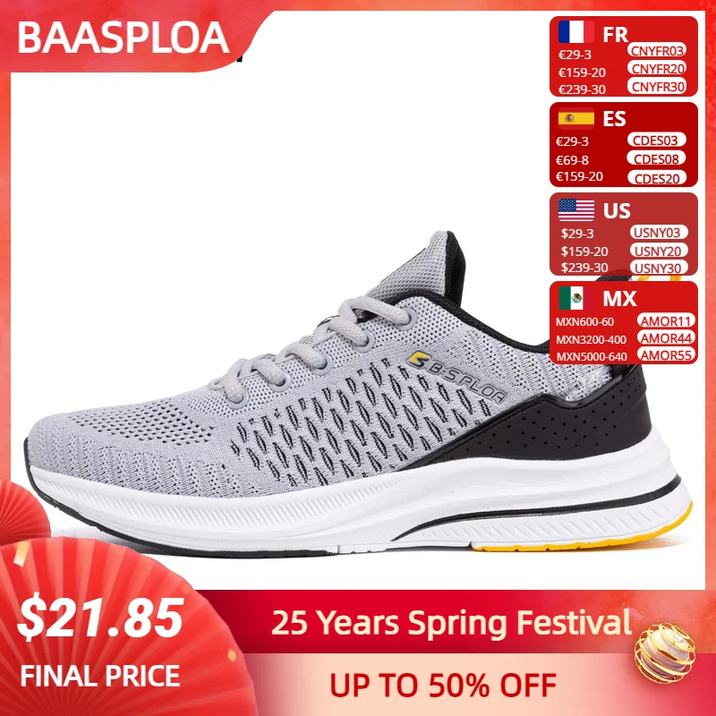 Baasploa New Men Knit Casual Walking Shoes Breathable Trendy Sneakers Original Light Shock Absorption Male Tennis Shoes