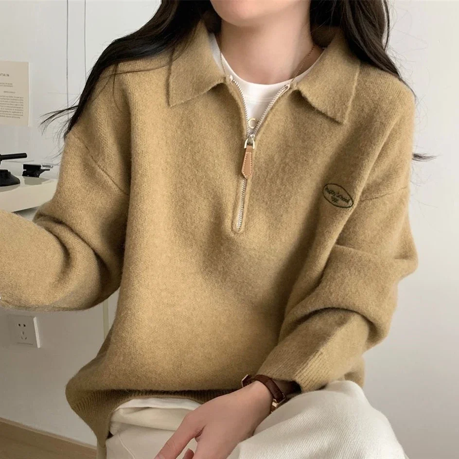 Half Zipper POLO Neck Sweaters Women Girls Vintage Preppy Sweatshirt Jumper Gray Khaki Loose Long Sleeve Pullover Korean Fashion