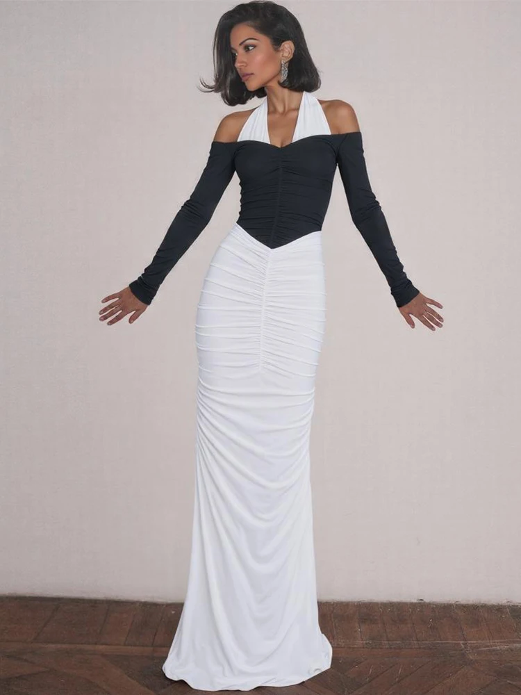 Kliou contraste de Color Patchwork vestido mujer vendaje Halter fuera del hombro espalda descubierta dobladillo fruncido medianoche fiesta de graduación Vestidos elegantes