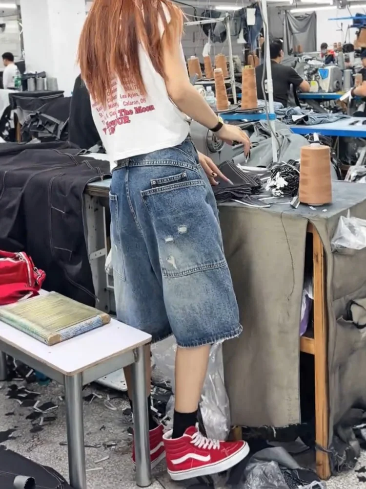 

American Style Ripped Denim Shorts Women Summer Thin High Waist plus Size Slimming Five-Quarter Length Casual High Waist Jeans