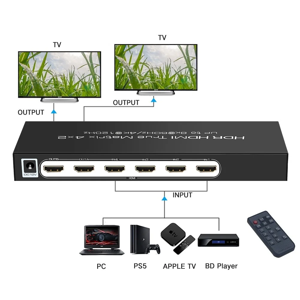 8K 60Hz HDMI-Compatible Swither 4 In 1 Out Splitter Matrix 4x2 Audio Extractor Dolby Vision ALLM VRR HDR10+ for PS5 XBOX HDTV