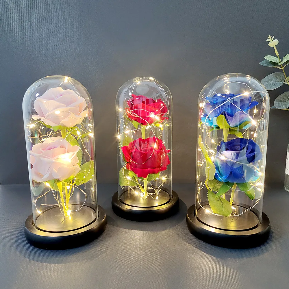 LED Eternal Double Rose Flower in Dome Light Beauty And The Beast In Glass for Valentine's Day Gift Party Decor