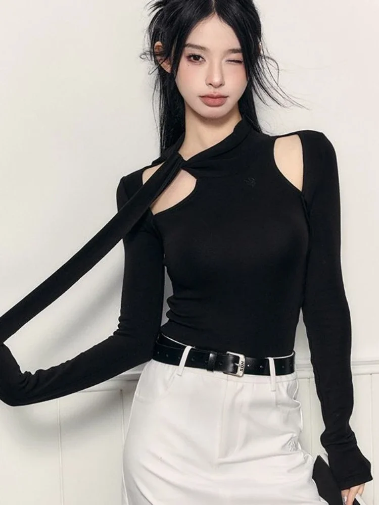 Korean Elegant Sweet Bow Long Sleeve Tshirt Women Fairy Y2k Solid Bottoming T-shirt Japanese All Match Slim Chic Hollow Out Tees