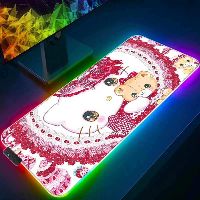 

Большой игровой коврик для мыши RGB Sanrio Hello Kitty, аниме-коврик для ПК, геймерский настольный коврик с подсветкой XXL, светодиодный коврик для мыши для ноутбука с подсветкой