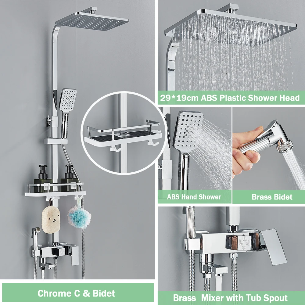 Regenval Badkamer Douchekraan Kit Met Bidet Wandmontage Roestvrij Staal Warm Koud Water Mengkraan Systeem Met Rek, Baduitloop