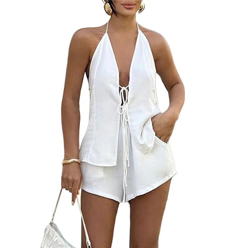 A09P 여성 여름 솔리드 루즈핏 섹시 백리스 홀터 타이 프론트 탑과 하이웨이스트 쇼츠 투피스