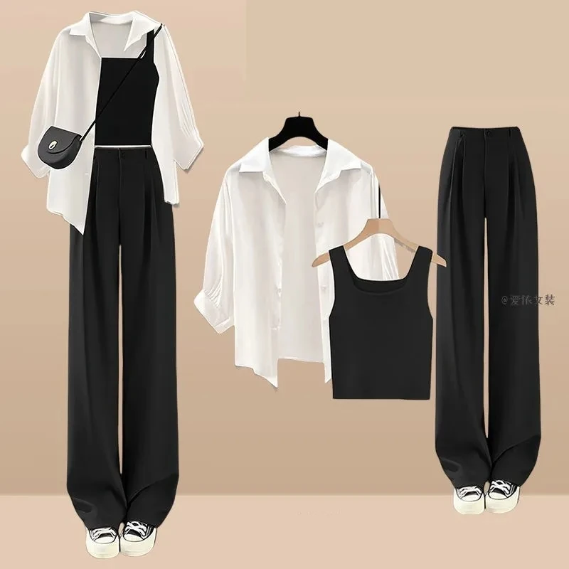 

2024 Summer New Korean Casual Sunscreen Shirt+Vest+Suit Wide Leg Pants Three Piece Women's Fashion Blouse Trousers Matching Set