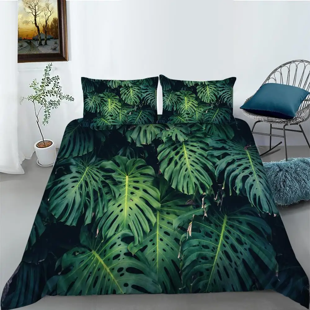 

Green Duvet Cover Set Queen Size Tropical Rainforest Green Plant Palm Leaf Comforter Cover for Kids Teen Microfiber Quilt Cover