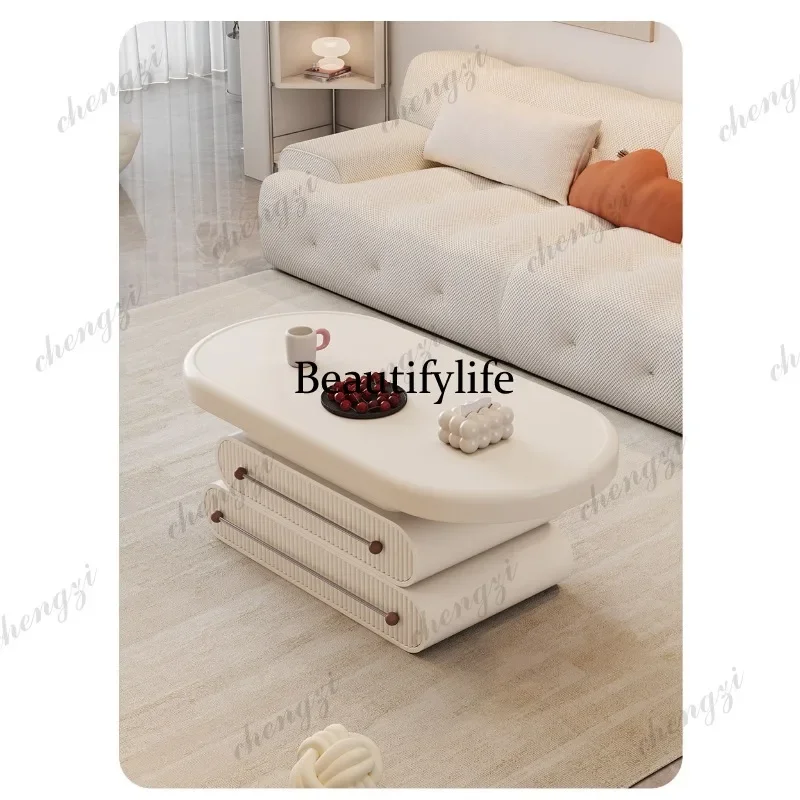 cream wind oval coffee table modern simple small apartment living room storage edge geometric stacking design