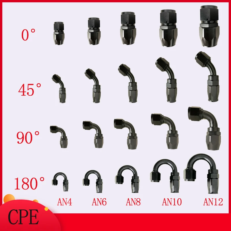 CPE 0/45/90/180 degree swivel black connector fuel pipe reusable connector AN4 AN6 AN8 AN10 AN12