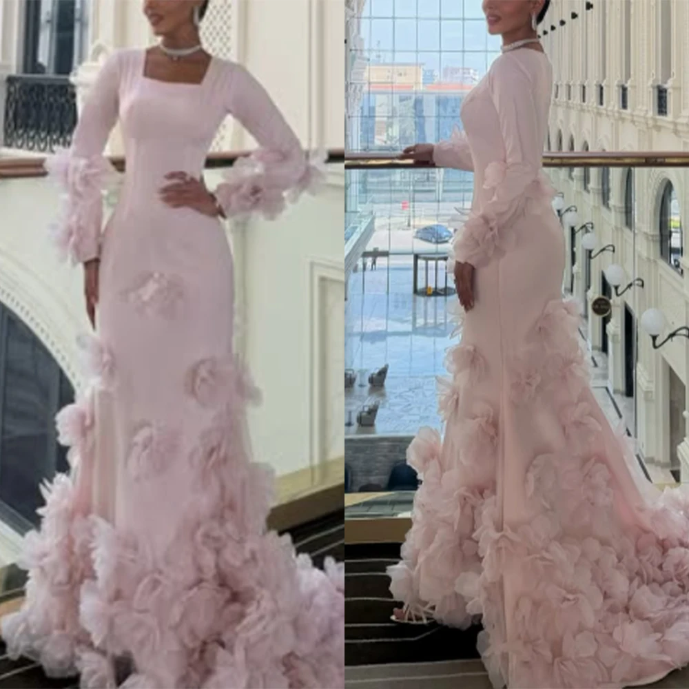Customized Square Collar Floor Length Court Train Full Sleeves Flowers Pink Платье Корейский Стиль Vestido De Festa De Casamento