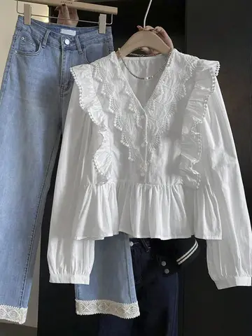 Women White Lace Ruffle Blouse V Neck Long Sleeve Puff Sleeve Button Front Peplum Shirt Vintage Hollow Embroidery Pom Pom Trim E