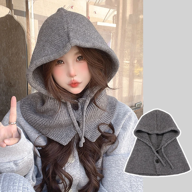 Winter Balaclava Hat Warm Knitted Women\'s Hood Hat Solid Color One-piece Neck Pullover Cap Outdoor Cashmere Caps