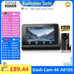 70mai Dash Cam 4K A810S HDR IMX678 Supercapacitor 4G LTE Remote Control Wi-Fi 6 Voice Control GPS ADAS Car Camera 70mai A810S