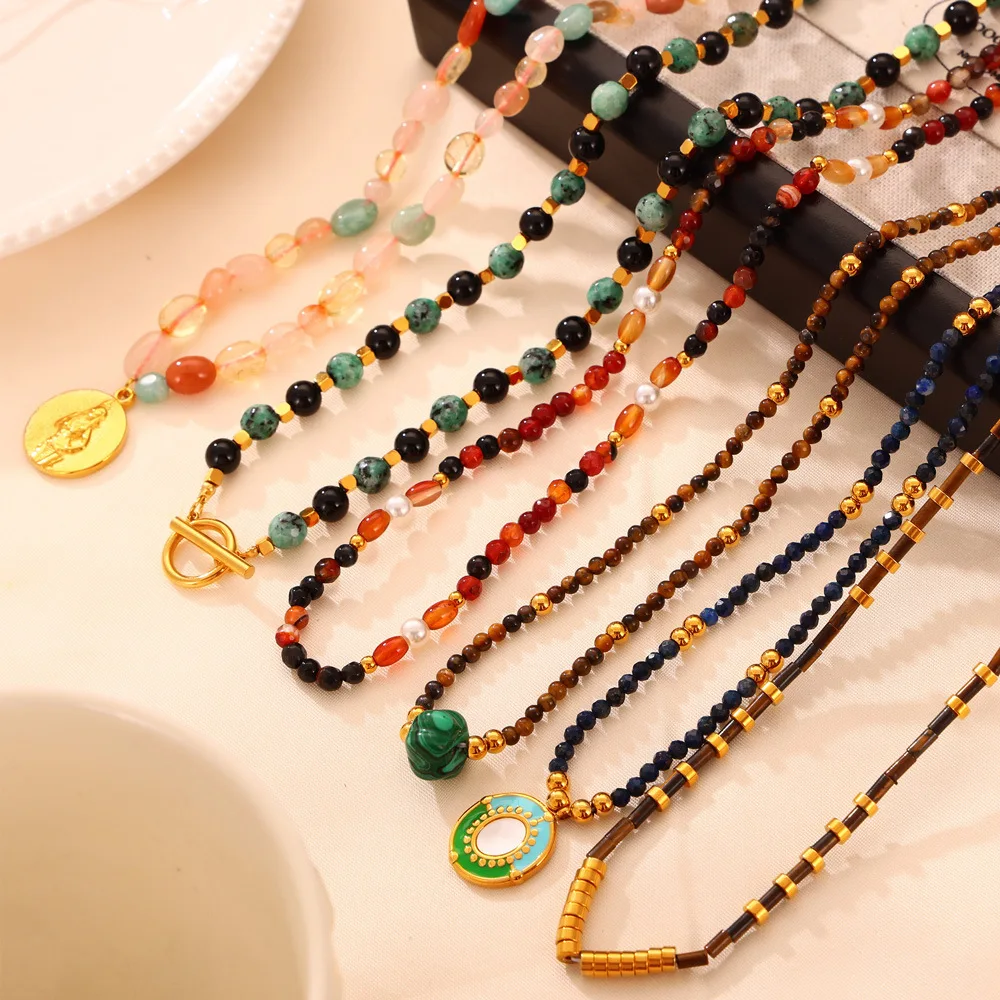Necklace Set For Fashion Women Stainless Steel Colorful Nature Stone Chain Beaded Luxury Jewelry Party Wedding Gift