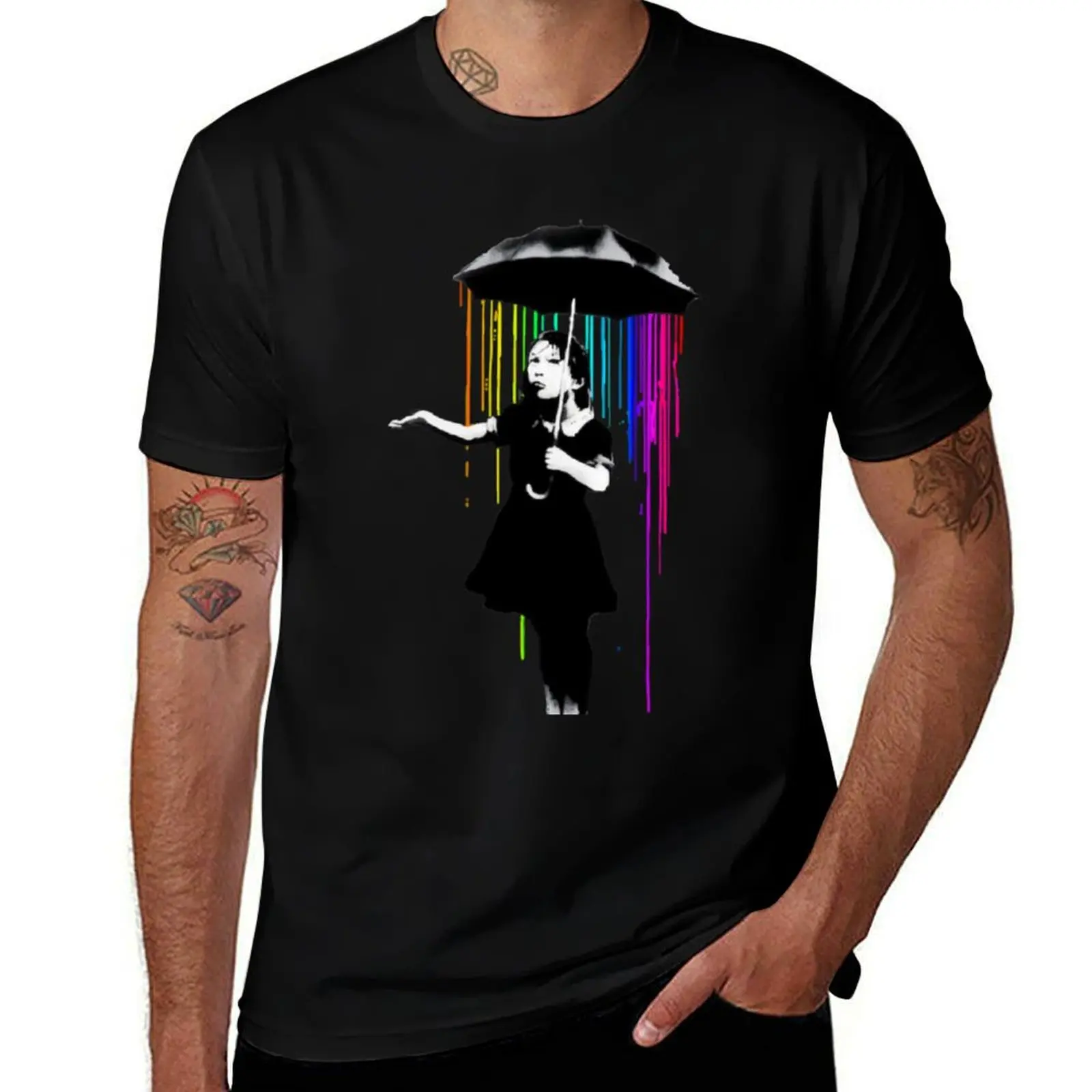 

Banksy Rainbow Rain Umbrella Girl T-Shirt t shirt for man t shirts for man graphic vintage